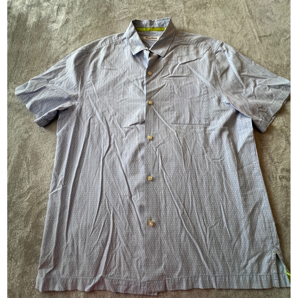 Tommy Bahama Button Down Shirt Mens Large Blue Cotton Silk Short Sleeve Diamond